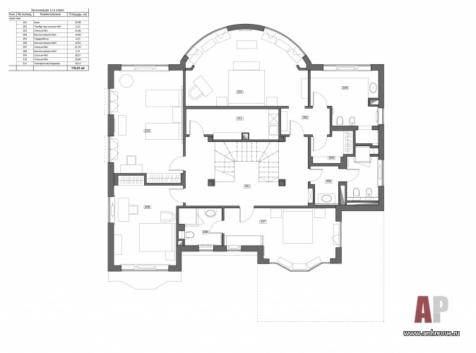 Планировка 2 этажа 2-х этажного гостевого загородного дома общей площадью 400 кв. м.