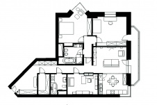 Планировка четырехкомнатной квартиры с общей гостиной-кухней.