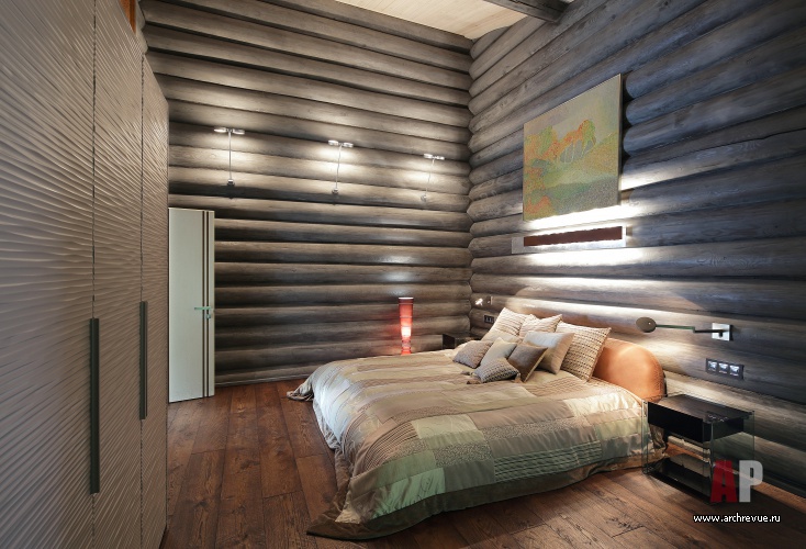 Фото интерьера спальни деревянного дома в эко стиле