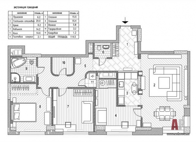 Планировка семейной квартиры с элементами ретро и стиля лофт.