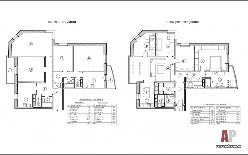 Планировка большой семейной квартиры площадью 135 кв. м до и после реконструкции.