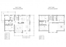 Планировка 1 и 2 этажей деревянного дома после реконструкции. Общая площадь - 234 кв. м. после рекнострукции