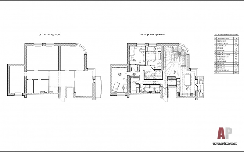 Планировка квартиры в современном стиле площадью 160 кв. м до и после реконструкции.