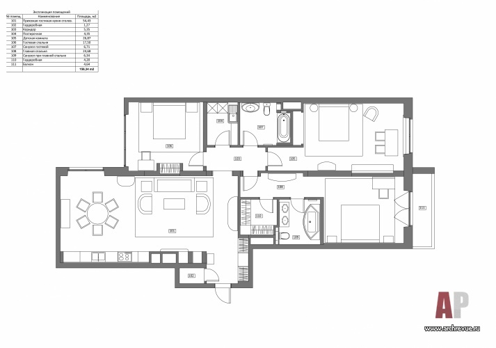 Вариант планировки квартиры до 160 кв. м с небольшой плоскостью остекления.