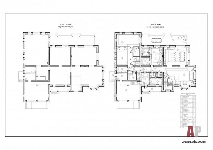 Планировка 1 этажа 2-х этажного дома 610 кв. м для двоих до и после реконструкции.