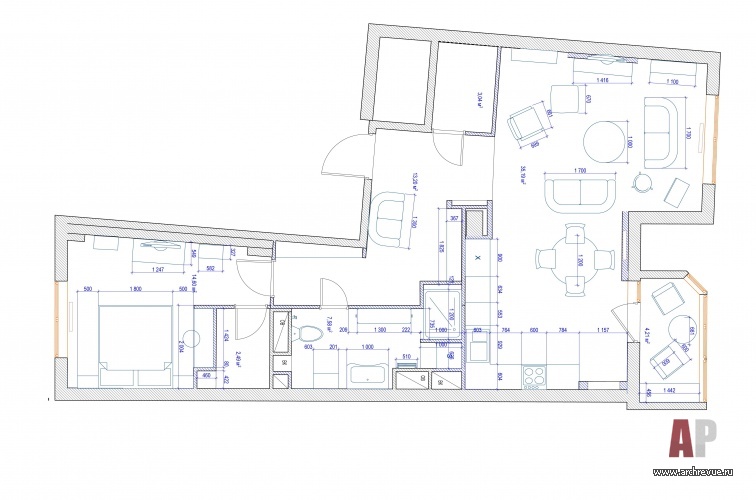 Планировка двухкомнатной квартиры с общей гостиной-кухней.