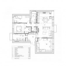 Планировка квартиры с черной стеклянной перегородкой в гостиной и четырьмя спальнями.