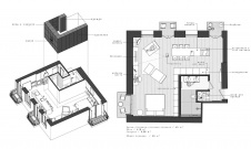 План квартиры-лофта с расстановкой мебели площадью 56 кв. м