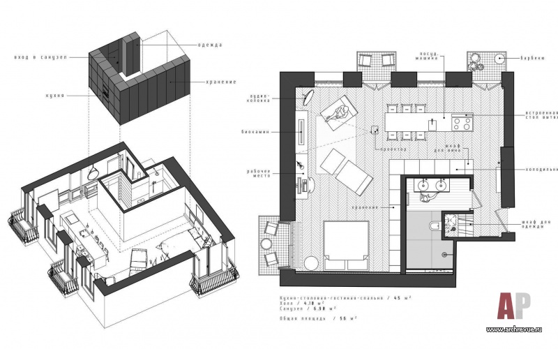 План квартиры-лофта с расстановкой мебели площадью 56 кв. м