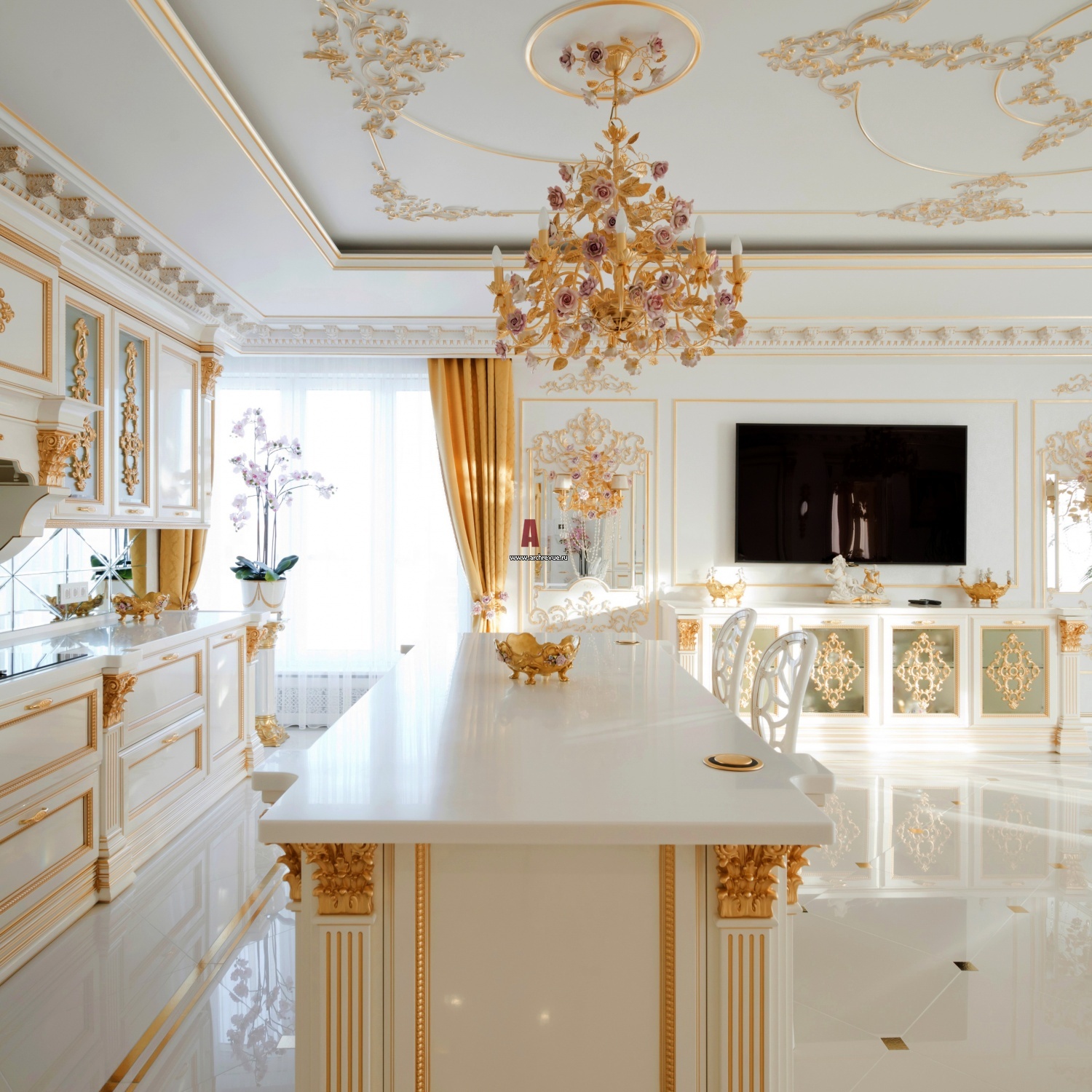Дом золотого цвета. Кухня Версаче белая с золотом. Гостиная Версаче Барокко. Королевский стиль Ампир. Интерьер белый с золотом.
