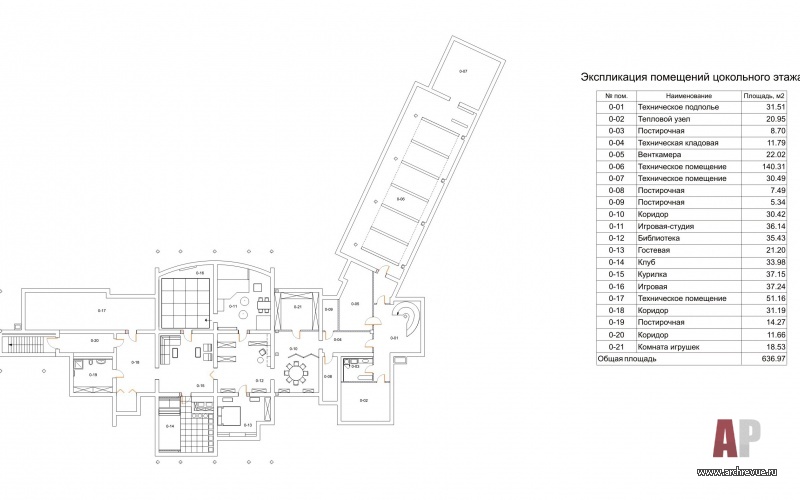 Планировка цокольного этажа 3-х этажного современного дома 1892 кв. м.
