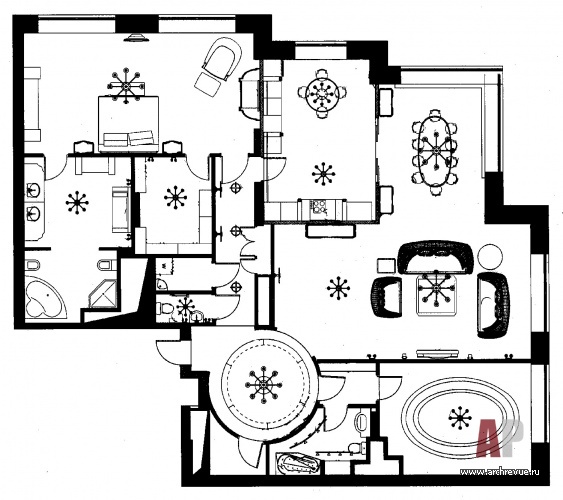 Планировка элитной 3-х комнатной квартиры с круглой прихожей.