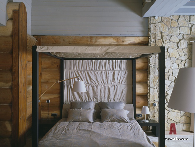 Фото интерьера спальни дома из дерева и камня в стиле эклектика