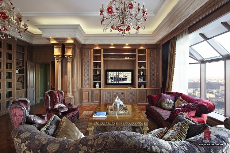 Фото интерьера гостиной пентхауса в классике 