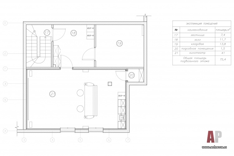 Планировка цокольного этажа с кинозалом деревянного дома в стиле фьюжн в Репино.