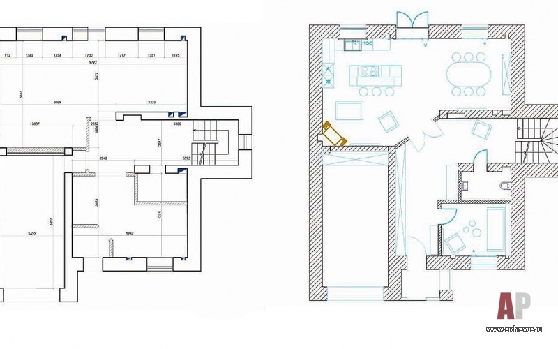 План 1 этажа 3-х этажного таунхауса до и после перепланировки.