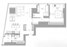 Планировка 2х-комнатной квартиры со студийной гостиной-кухней в стеклянной высотке.