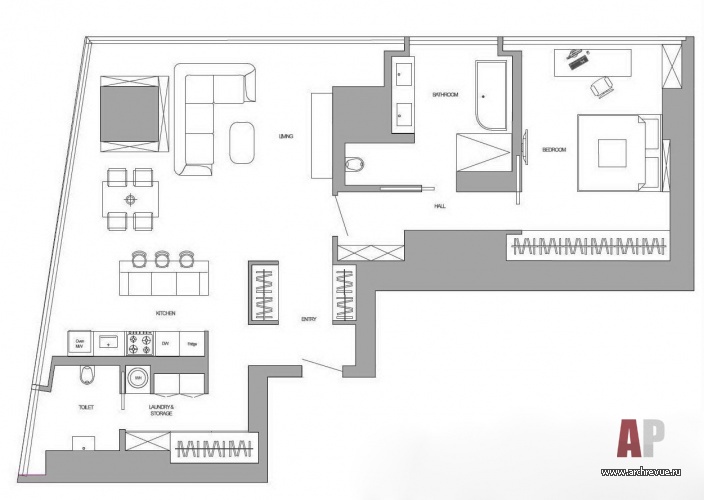 Планировка 2х-комнатной квартиры со студийной гостиной-кухней в стеклянной высотке.