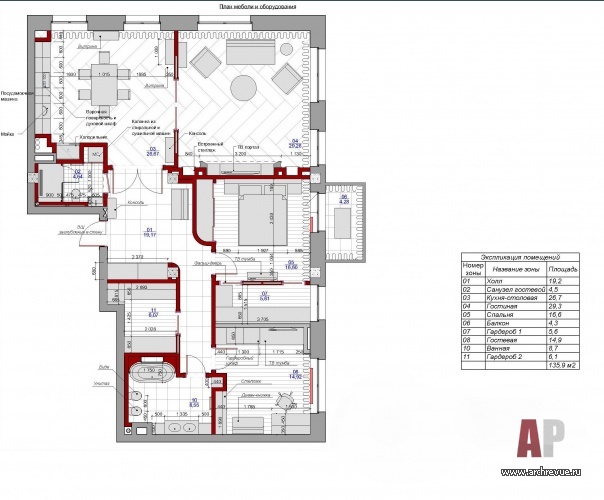 Планировка квартиры 140 кв. м с элементами неоклассики и ар-деко.