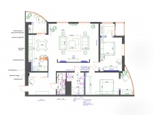 Планировка трехкомнатной квартиры с двумя спальнями, двумя санузлами и просторной общей зоной.
