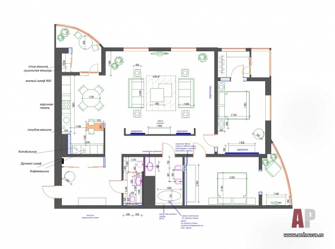 Планировка трехкомнатной квартиры с двумя спальнями, двумя санузлами и просторной общей зоной.