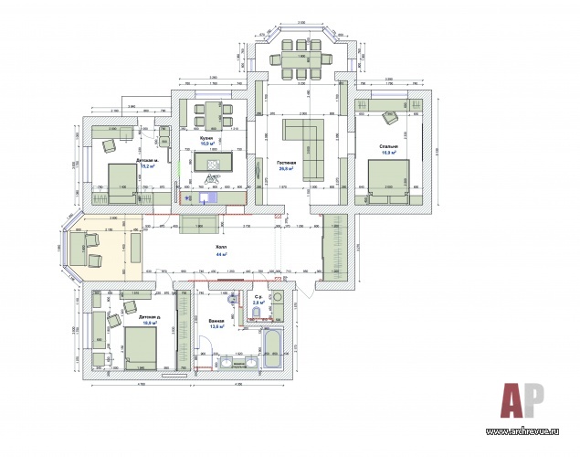 Планировка семейной квартиры с 3-мя спальнями и имитацией масанрды. Общая площадь: 160 кв. м.