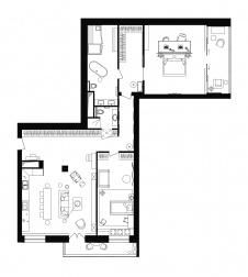 Планировка семейной «трешки» с гостиной-студией.