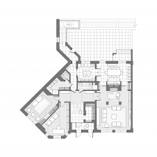 Планировка 1 этажа 2-х этажного таунхауса с расстановкой мебели.