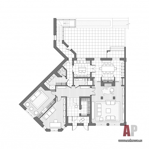 Планировка 1 этажа 2-х этажного таунхауса с расстановкой мебели.
