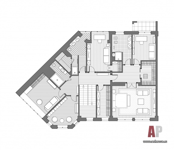 Планировка 2 этажа 2-х этажного таунхауса с расстановкой мебели.