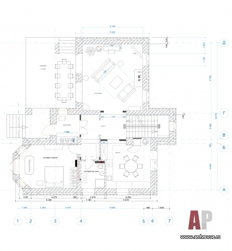 Планировка 1 этажа 2-х этажного загородного дома общей площадью 309 кв. м.