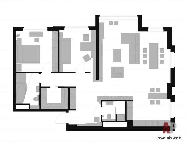 Планировка 3-х комнатной квартиры в Доме на Мосфильмовской (архитектор здания – Сергей Скуратов).