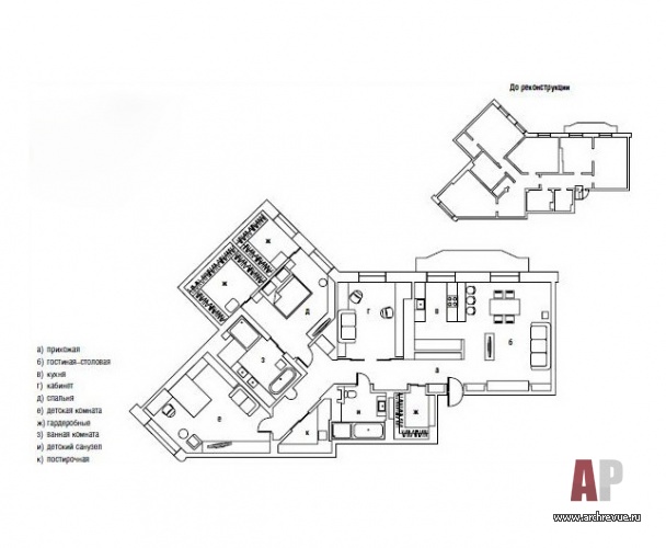 Планировка 4-х комнатной квартиры с элементами стиля лофт.
