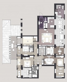 Планировка квартиры для временного проживания с тремя спальнями.
