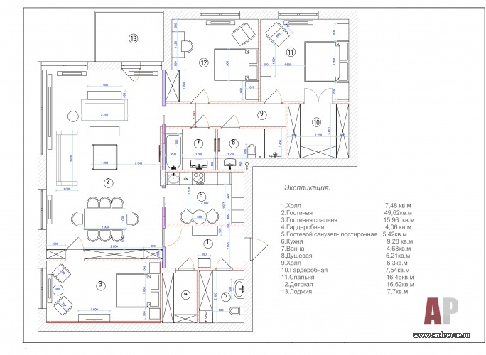Планировка 4-х комнатной квартиры в ЖК «Парк Рублево».