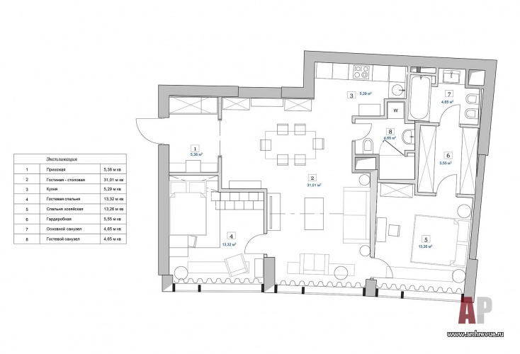 Планировка 3-х комнатной квартиры со смежными спальнями.