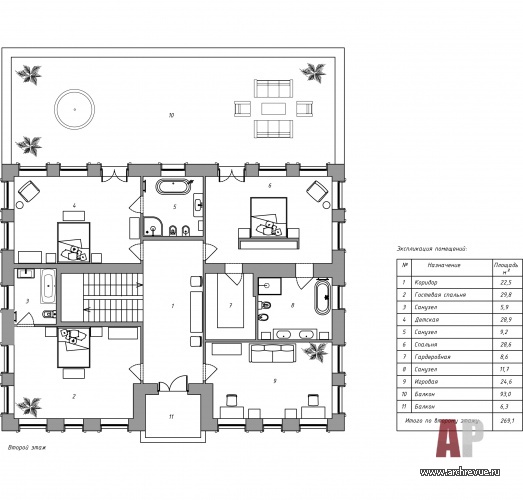 Планировка 2 этажа 2-х этажного дома с эксплуатируемым цоколем площадью 600 кв. м.