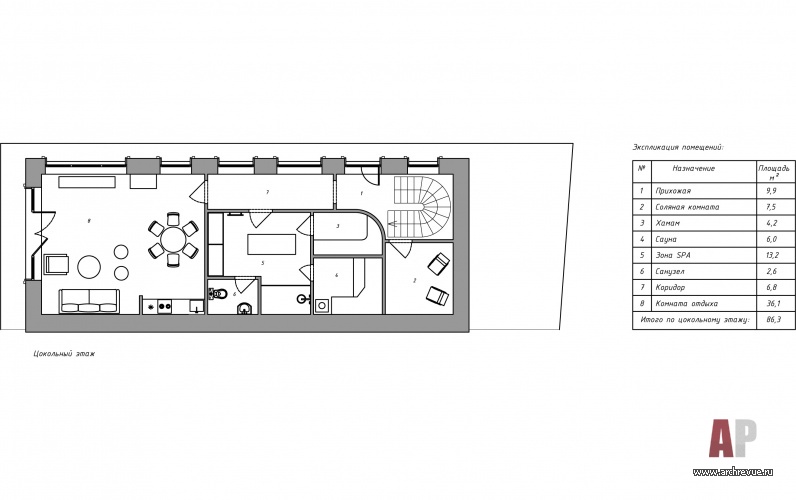 Планировка цокольного этажа 2-х этажного дома с эксплуатируемым цоколем площадью 600 кв. м.