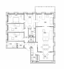 Планировка квартиры с панорамным остеклением и анфиладной общей зоной.