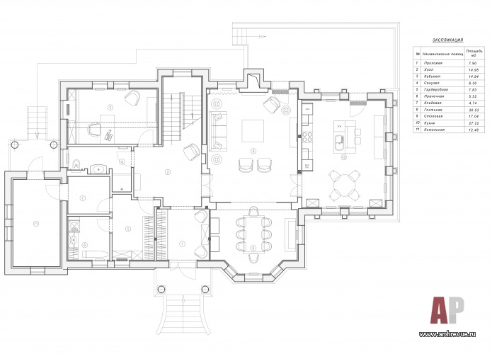 Планировка 1 этажа 3-х этажного дома 370 кв. м. с классической архитектурой.