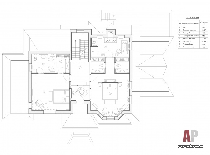 Планировка 2 этажа 3-х этажного дома 370 кв. м. с классической архитектурой.