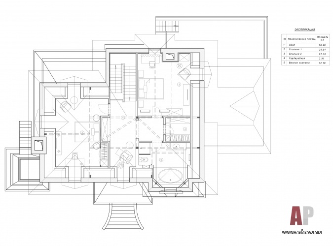 Планировка мансарды 3-х этажного дома 370 кв. м. с классической архитектурой.