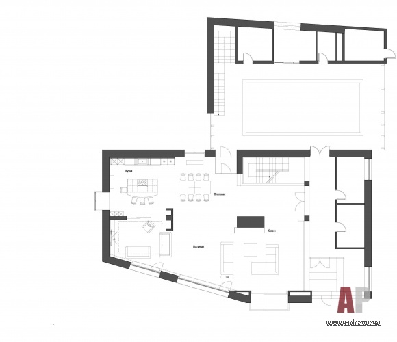 Планировка 1 этажа 2-х этажного дома с современной минималистской архитектурой.