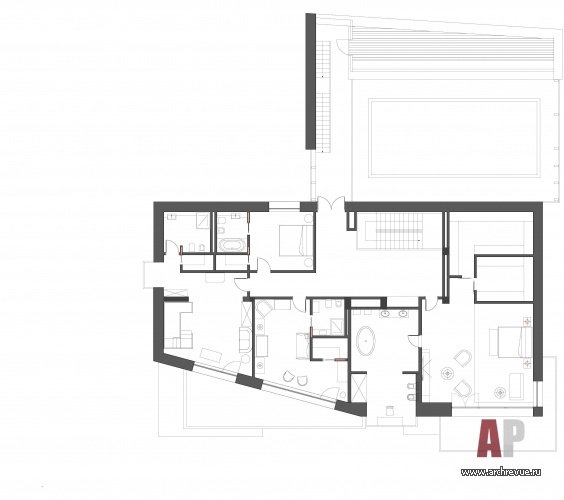 Планировка 2 этажа 2-х этажного дома с современной минималистской архитектурой.