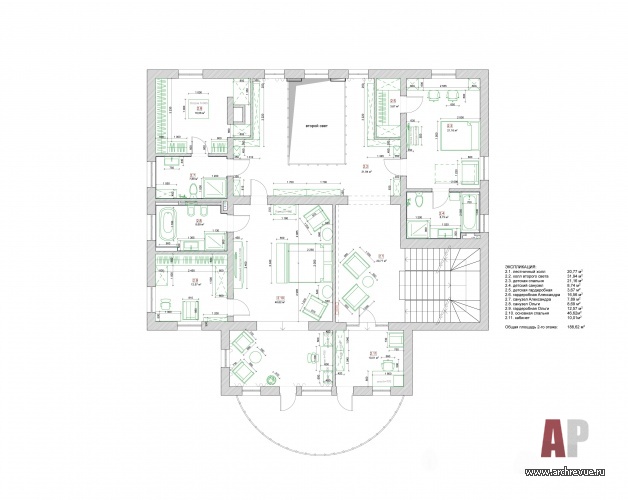 Планировка 2 этажа 3-х этажного дома. Общая площадь – 720 кв. м.