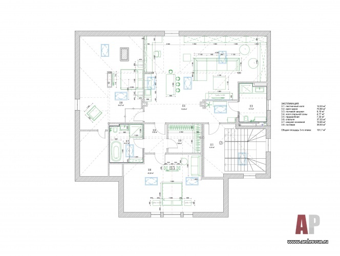 Планировка 3 этажа 3-х этажного дома. Общая площадь – 720 кв. м.