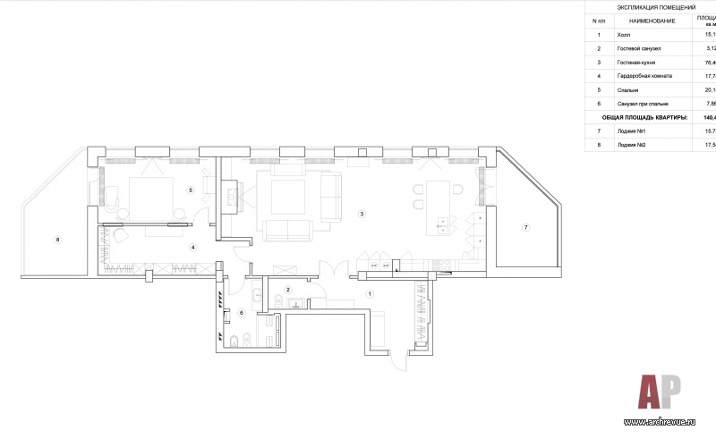 Планировка пентхауса площадью 140 кв. м с двумя открытыми лоджиями.
