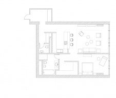 Планировка видовой квартиры для временного проживания с одной спальней и двумя санузлами.