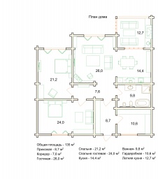 Планировка небольшого загородного дома с двумя спальнями и общей гостиной-кухней.