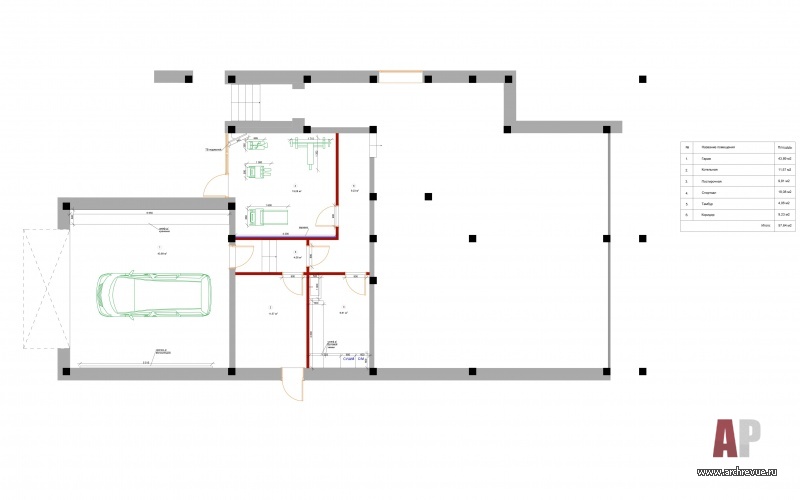 План 1 этажа частного жилого дома с многоуровневой планировкой.